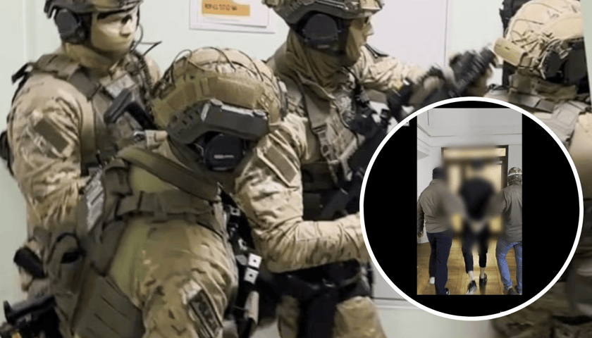 Policjanci w czasie akcji zatrzymania poszukiwanego mężczyzny. W kółeczku - zatrzymany mężczyzna