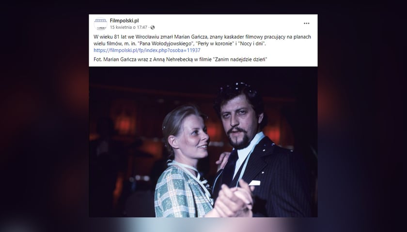 Marian Gańcza w scenie z Anną Nehrebecką w filmie "Zanim nadejdzie dzień". Na zdjęciu kobieta i mężczyzna tańczą objęci. Print screen z Facebooka filmpolski.pl