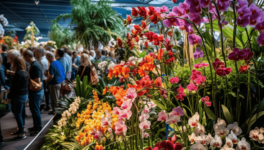 Wystawa różnokolorowych orchidei