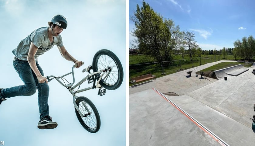 Po lewej: mężczyzna wykonujący w powietrzu trik z rowerem; po prawej: skatepark na Klecinie przed otwarciem