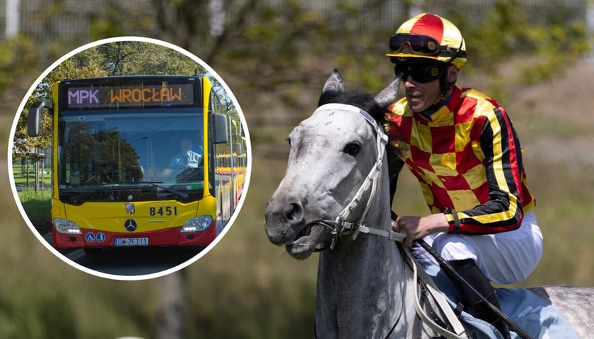 Jeździec na koniu (zdjęcie główne), autobus MPK Wrocław (zdjęcie w kółku) - zdjęcie ilustracyjne