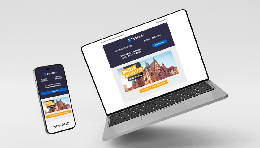 Na zdjęciu grafika poglądowa przedstawiająca wygląd newslettera Wrocław na Weekend w wersji na komputery oraz na telefony.