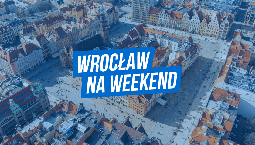Na zdjęciu widok na rynek we Wrocławiu z logiem newslettera - Wrocław na Weekend
