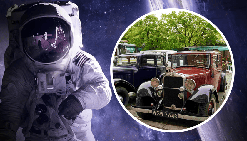Kolaż zdjęć dotyczących dwóch produkcji filmowych, jednej w stylu SF i drugiej retro. Na zdjęciu kosmonauta oraz samochody z początków ubiegłego wieku.