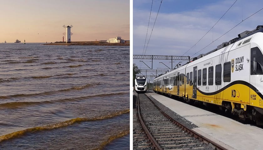 Po lewej: morze koło Świnoujścia, po prawej: pociąg
