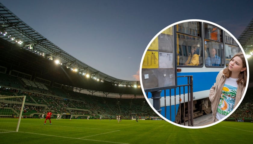 Kolaż dwóch zdjęć. W tle stadion Tarczyński Arena. W kółku dziewczyna na przystanku tramwajowym. Zdjęcia ilustracyjne. 