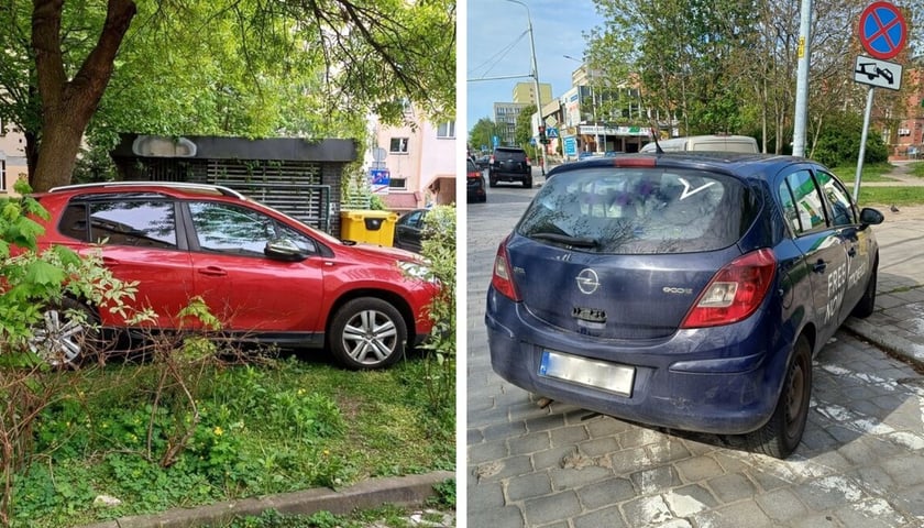 Przykłady niezgodnego z prawem parkowania: na terenie zielonym (czerwone renault) i w miejscu niedozwolonym (grafitowy opel)