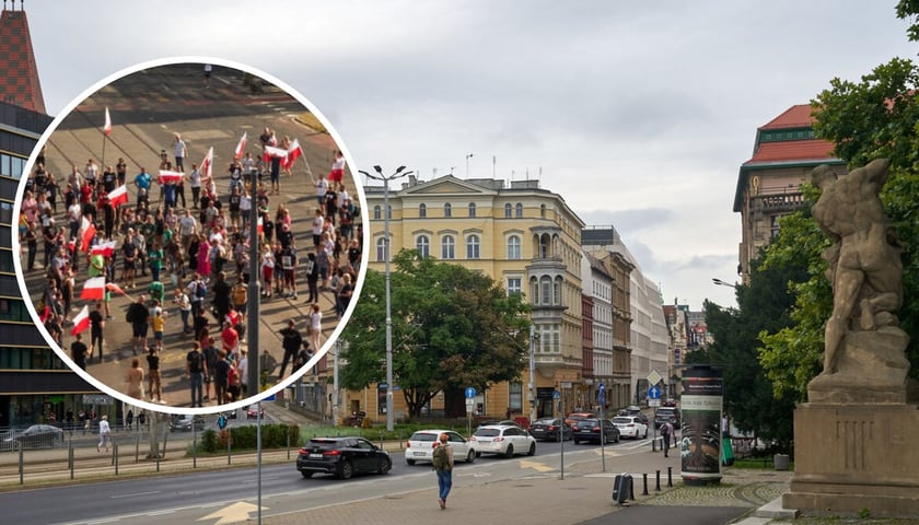 Plac Jana Pawła II z fontanną alegorii Walki i Zwycięstwa (zdjęcie główne), manifestacja (zdjęcie w kółku) - zdjęcie ilustracyjne  