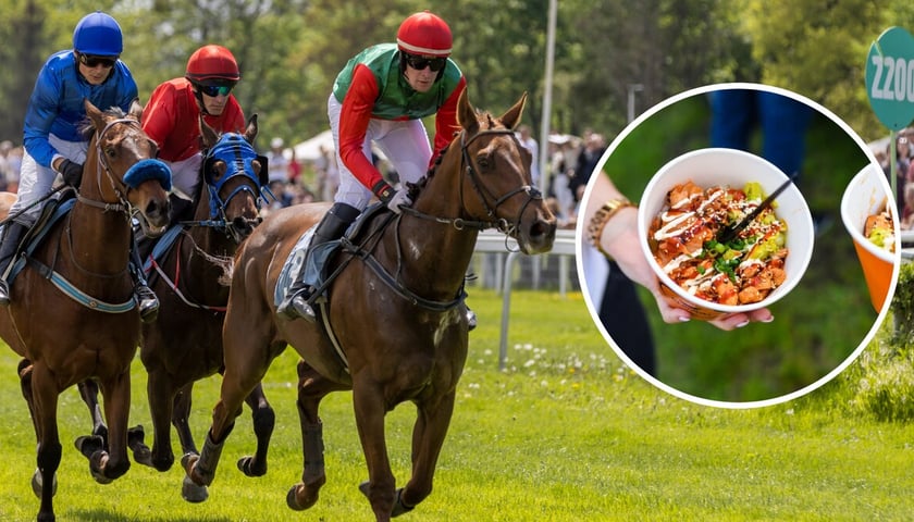 Jeźdźcy na koniach podczas wyścigu (zdjęcie główne); kubełki z jedzeniem (zdjęcie w kółku) 