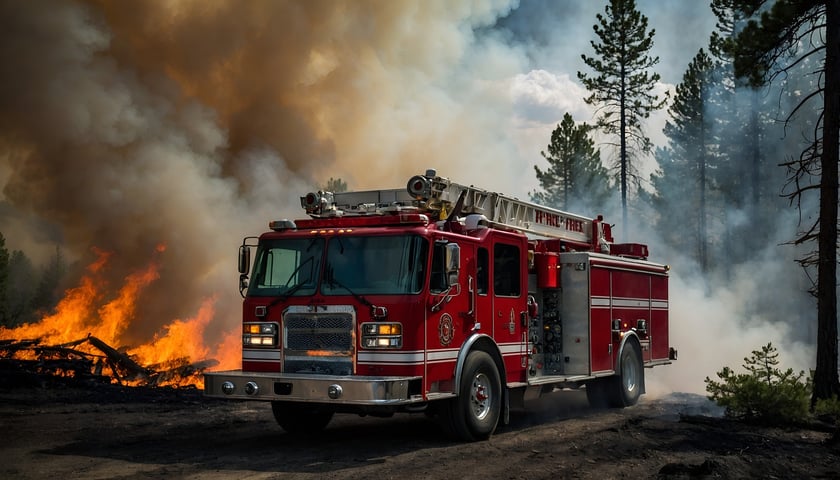 Pojazd straży pożarnej na tle płonącego lasu (zdjęcie ilustracyjne)