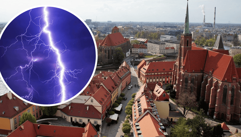 Widok na Ostrów Tumski we Wrocławiu z lotu ptaka, na zdjęciu w kółeczku - pioruny, burza
