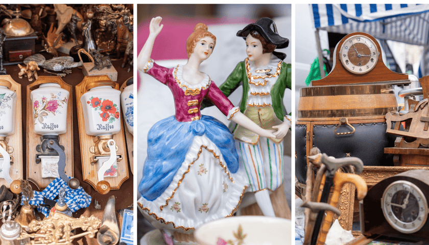 Targ staroci we Wrocławiu, na zdjęciach od lewej: stare, ceramiczne młynki do kawy, porcelanowe figurki, a na zdjęciu po prawej - stare zegary 