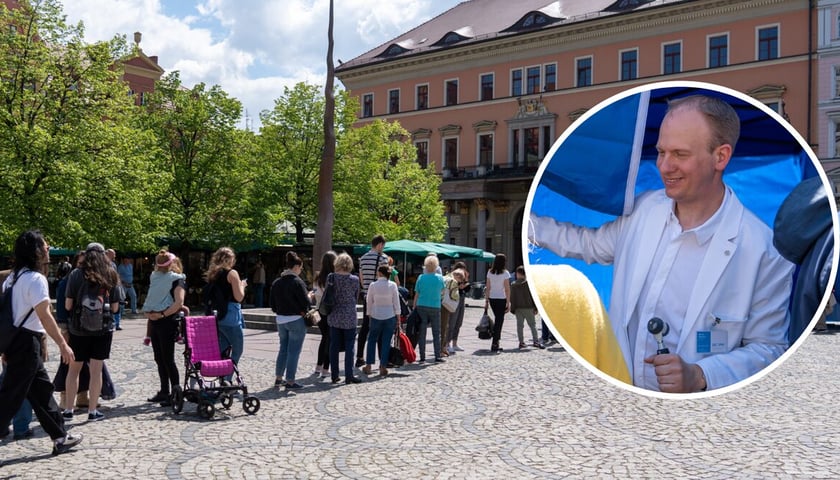 Kolejka do badania skóry na placu Solnym (zdjęcie główne), lekarz w białym fartuchu wykonujący badanie skóry (zdjęcie w kółku) 