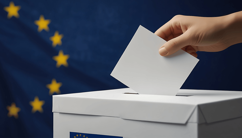 Na zdjęciu urna do głosowania z flagą Unii Europejskiej w tle. Sprawdź gdzie głosować w wyborach do Parlamentu Europejskiego we Wrocławiu 2024
