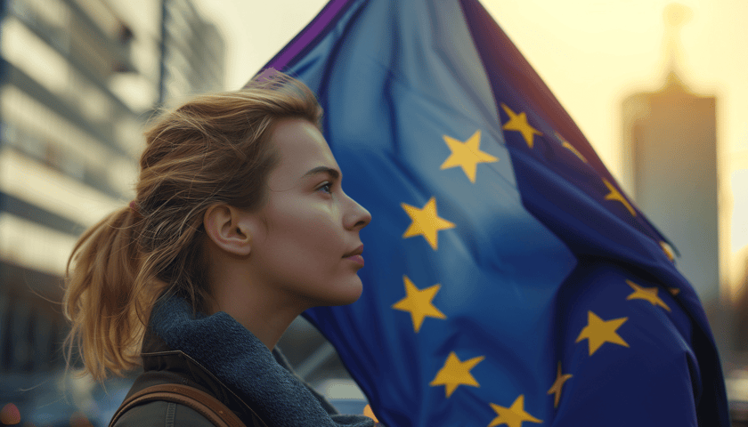 Na zdjęciu kobieta na tle flagi Unii Europejskiej. Sprawdź najważniejsze informacje dotyczące wyborów do Parlamentu Europejskiego 2024
