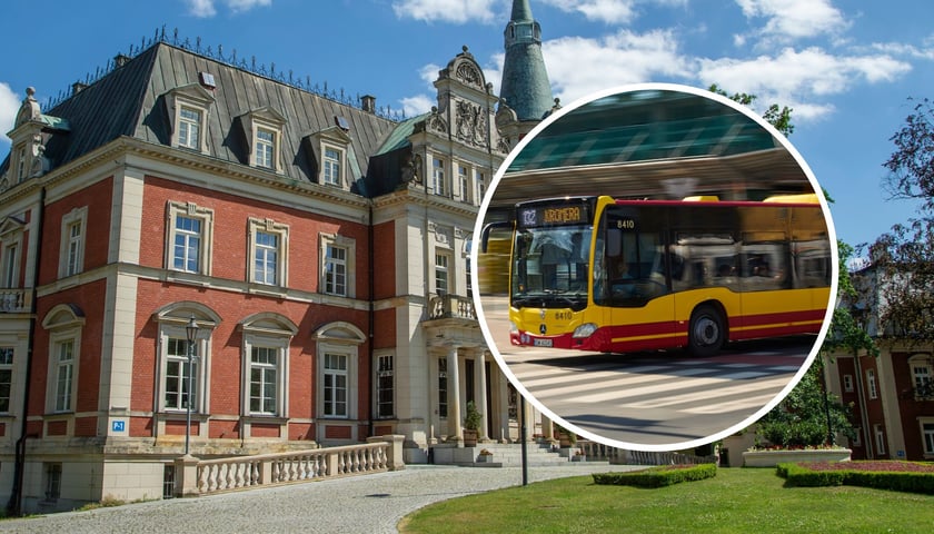 Zdjęcie ilustracyjne - pałac na Pawłowicach i autobus MPK. 