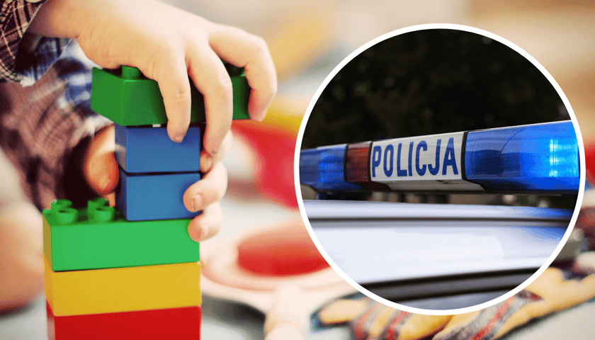Widać rękę dziecka i klocki do zabawy, na zdjęciu w kółeczku - napis policja i policyjne koguty