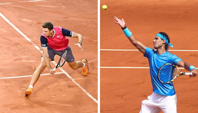 Z lewej Hubert Hurkacz we wślizgu na korcie ziemnym, po prawej: serwujący Rafael Nadal