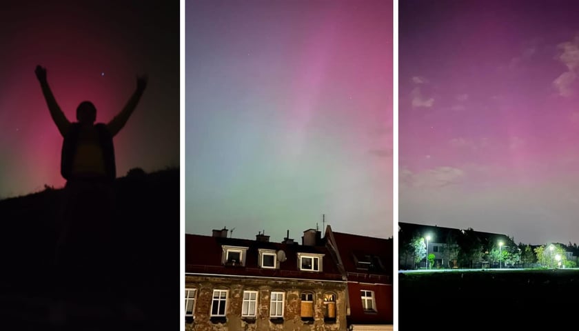 Kolaż trzech zdjęć. Zorza polarna nad Wrocławiem. 
