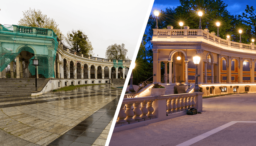 Porównanie poprzedniego i nowego wyglądu Bastionu Sakwowego. Po lewej inwestycja w 2021 roku, po prawej po rewaloryzacji w 2024 roku.