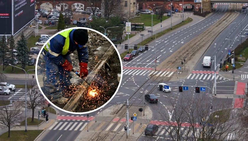 Duże zdjęcia przedstawia fragment ul. Powstańców Śląskich, na którym pojawi się nowe torowisko. Na małym zdjęciu torowiec podczas pracy