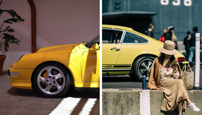 Po lewej: żółte porsche; po prawej: kobieta w kapeluszu siedząca przed porsche
