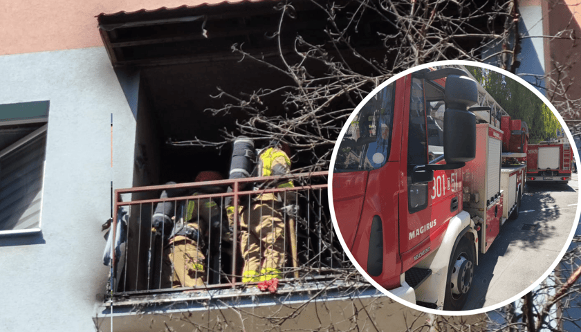 Kolaż zdjęć: zniszczony przez ogień balkon i wóz strażacki