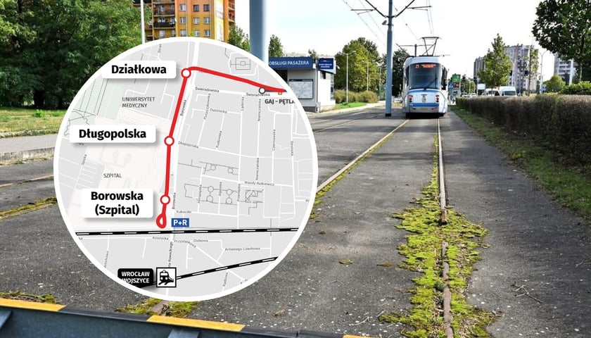 Ilustracja przedstawia krańcówkę na Świeradowskiej oraz mapę z przebiegiem nowej linii tramwajowej. 