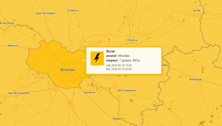 Burze nad Wrocławiem w sobotę 18 maja - mapa z ostrzeżeniem