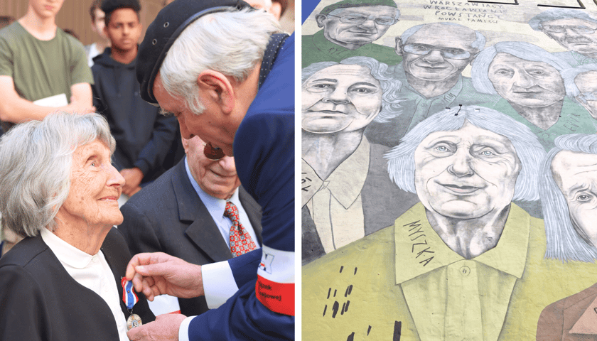 Kolaż dwóch zdjęć przedstawiających uroczyste odsłonięcie muralu pamięci WARSZAWIACY - POWSTAŃCY - WROCŁAWIANIE z okazji 80. rocznicy Powstania Warszawskiego. 