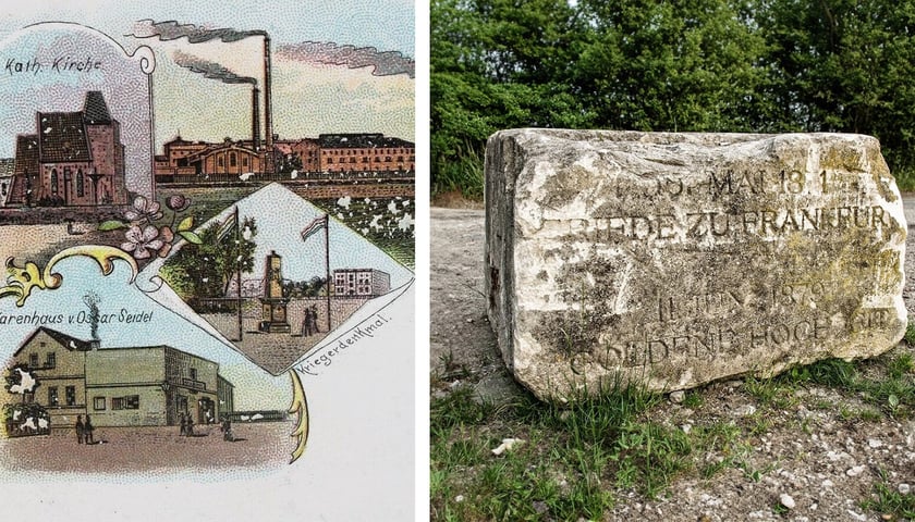 Na zdjęciu po lewej XIX-wieczna pocztówka, na miniaturce widoczny pomnik wojenny, po prawej odnaleziony fragment pomnika