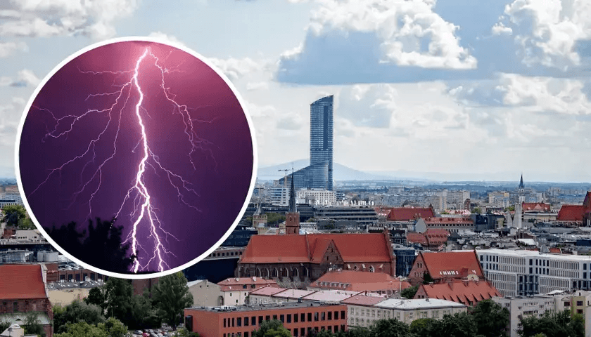 Na zdjęciu panorama Wrocławia, w owalu piorun