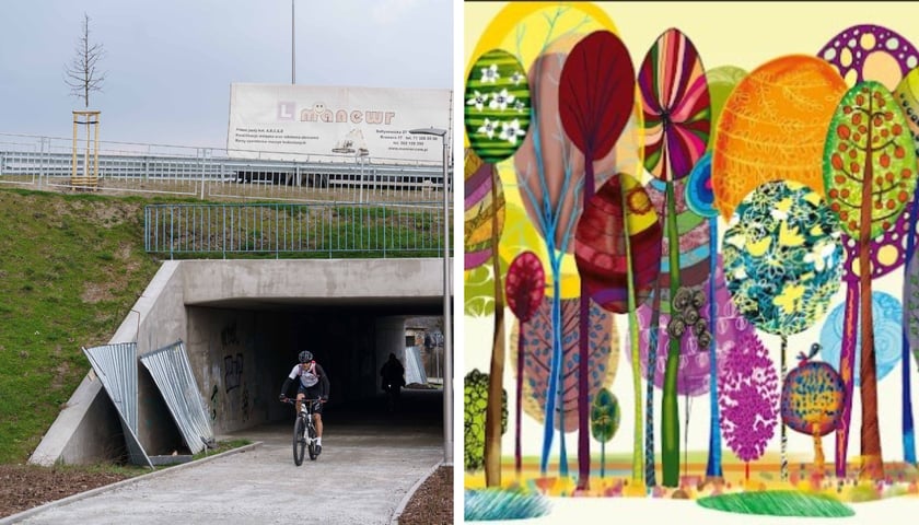 Po lewej: rowerzysta wyjeżdżający z tunelu, w którym będzie mural / po prawej: fragment projektu muralu (drzewa)