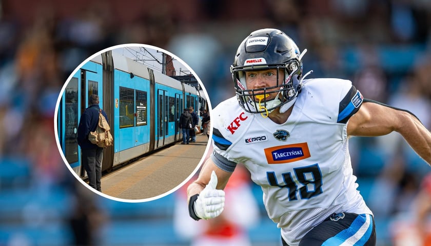 Zdjęcie ilustracyjne: na dużym zdjęciu zawodnik Panthers Wrocław; na małym tramwaj MPK na przystanku.