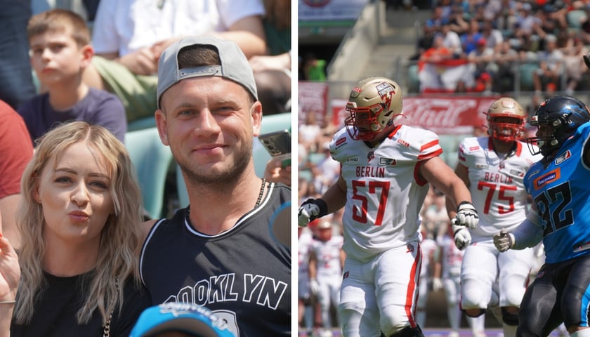 Z lewej kobieta i mężczyzna - kibice na meczu Panthers - Thunder na Tarczyński Arenie, obok zawodnicy 