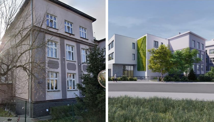Po lewej: budynek SP 6 przy Gorlickiej / po prawej: wizualizacja nowego