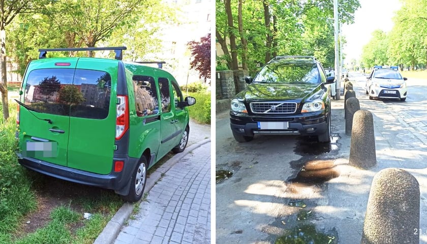 Po lewej zielony samochód zaparkowany na terenie zielonym, po prawej samochód zaparkowany na chodniku
