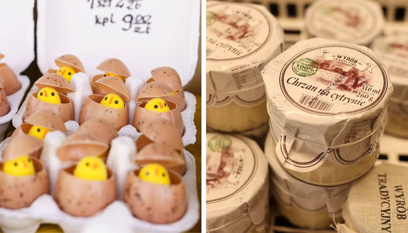 Świąteczne pisanki i chrzan w słoiku, produkty na Dolnośląskim Targu Rolnym