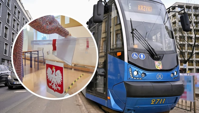 Na zdjęciu tramwaj na przystanku, w owalu urna wyborcza
