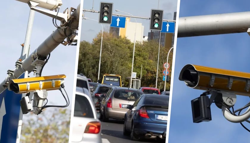 Samochody na skrzyżowaniu ulic Bystrzycka - Na Ostatnim Groszu - estakada Gądowianka i żółte kamery CANARD 