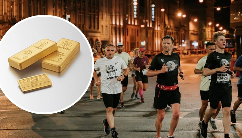 Uczestnicy podczas 9. Nocnego Wrocław Półmaratonu (w kółeczku sztabki złota)