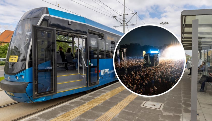Kolaż dwóch zdjęć: koncert na Tarczyński Arena we Wrocławiu i tramwaj na przystanku