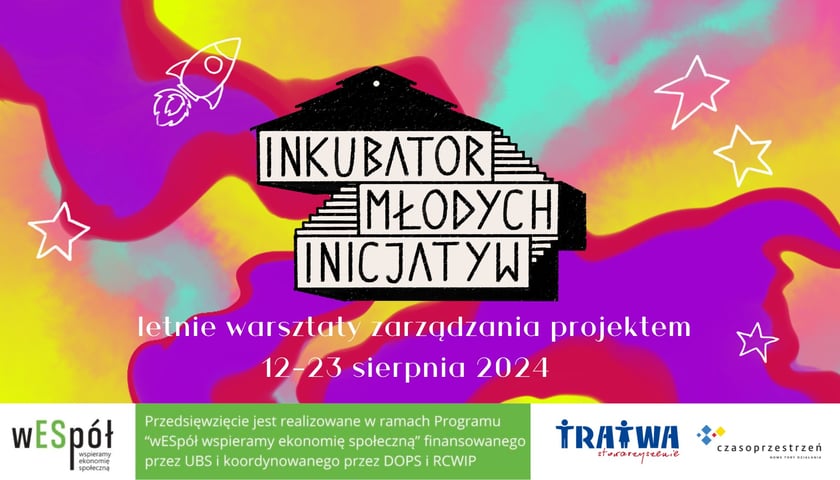 <p>Kolorowa grafika z napisem: Inkubator Młodych Inicjatyw. Letnie warsztaty zarządzania projektem 12-23 sierpnia 2024</p>