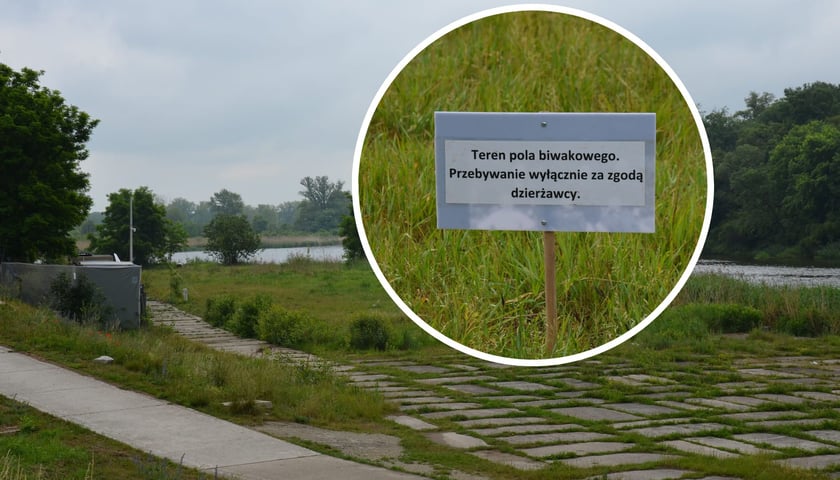 Kolaż dwóch zdjęć: w tle teren nad Odrą wydzierżawiony prywatnej firmie na potrzeby pola biwakowego, w kółku tabliczka z zakazem wstępu 