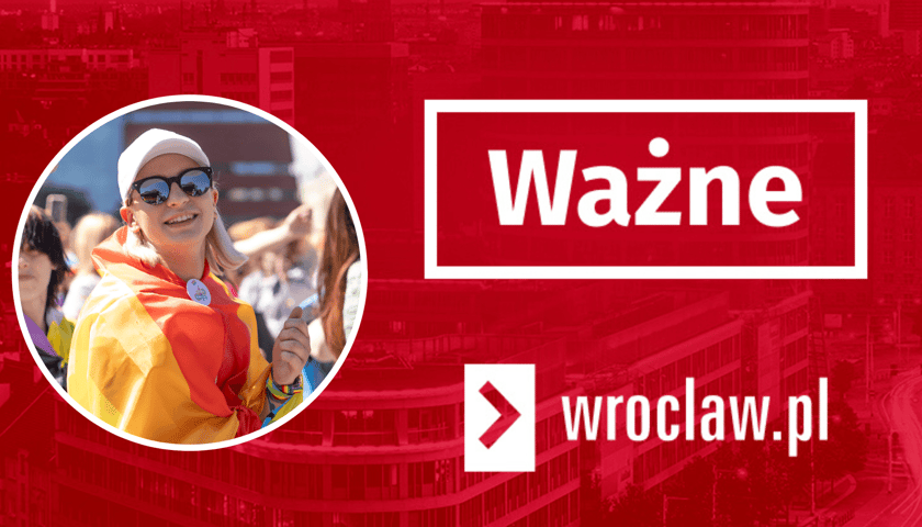 Czerwona plansza z napisem: Ważne; w kółku osoba owinięta w tęczową flagę (Wrocławski Marsz Równości 2023) 