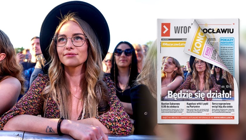 Młoda kobieta w okularach i czarnym kapeluszu wśród innych uczestników festiwalu Męskie Granie 2023
