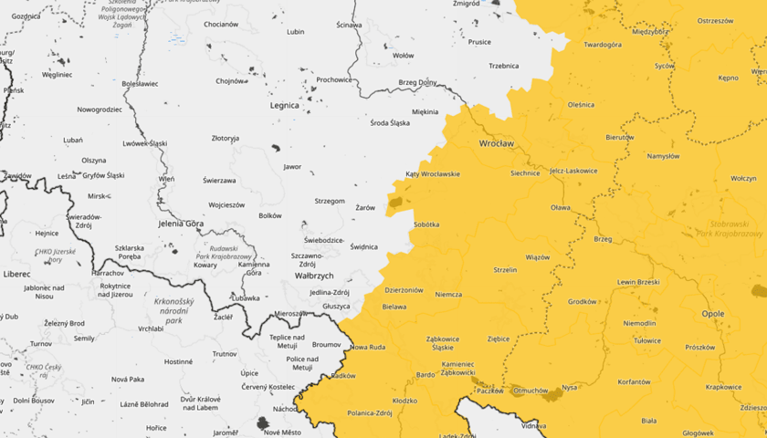 Fragment mapy obrazującej zasięg ostrzeżenia meteorologicznego z 8 czerwca 2024
