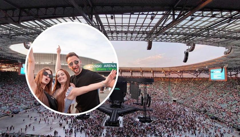 W tle stadion Tarczyński Arena zapełniający się ludźmi, koncert 8 czerwca 2024. W kółku - trójka fanów przed stadionem