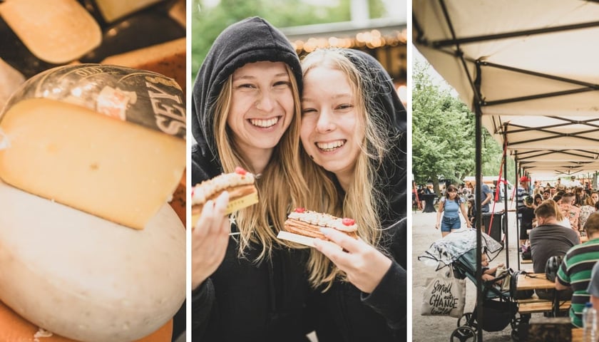 Kolaż trzech zdjęć z Gastro Miasto 2024 – sery, uśmiechnięte dziewczyny i ludzie siedzący przy stolikach
