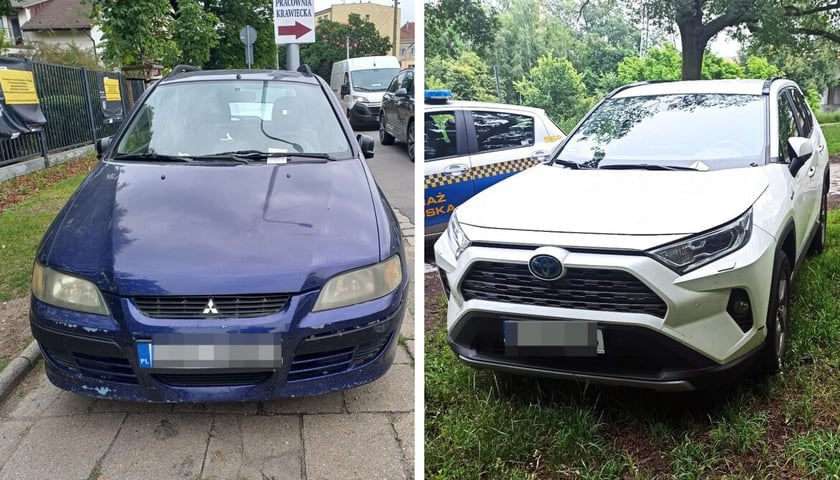 Przykłady niezgodnego z prawem parkowania: zdjęcie po lewej - na chodniku; zdjęcie po prawej - na trawniku  